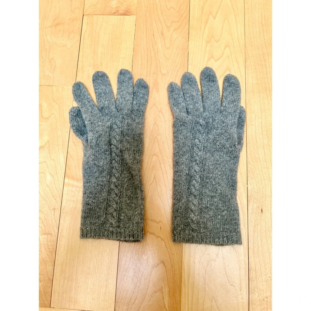 100% Cashmere Gloves Women OS Gray Cable Knit Soft Warm Luxury Ribbed Cuff